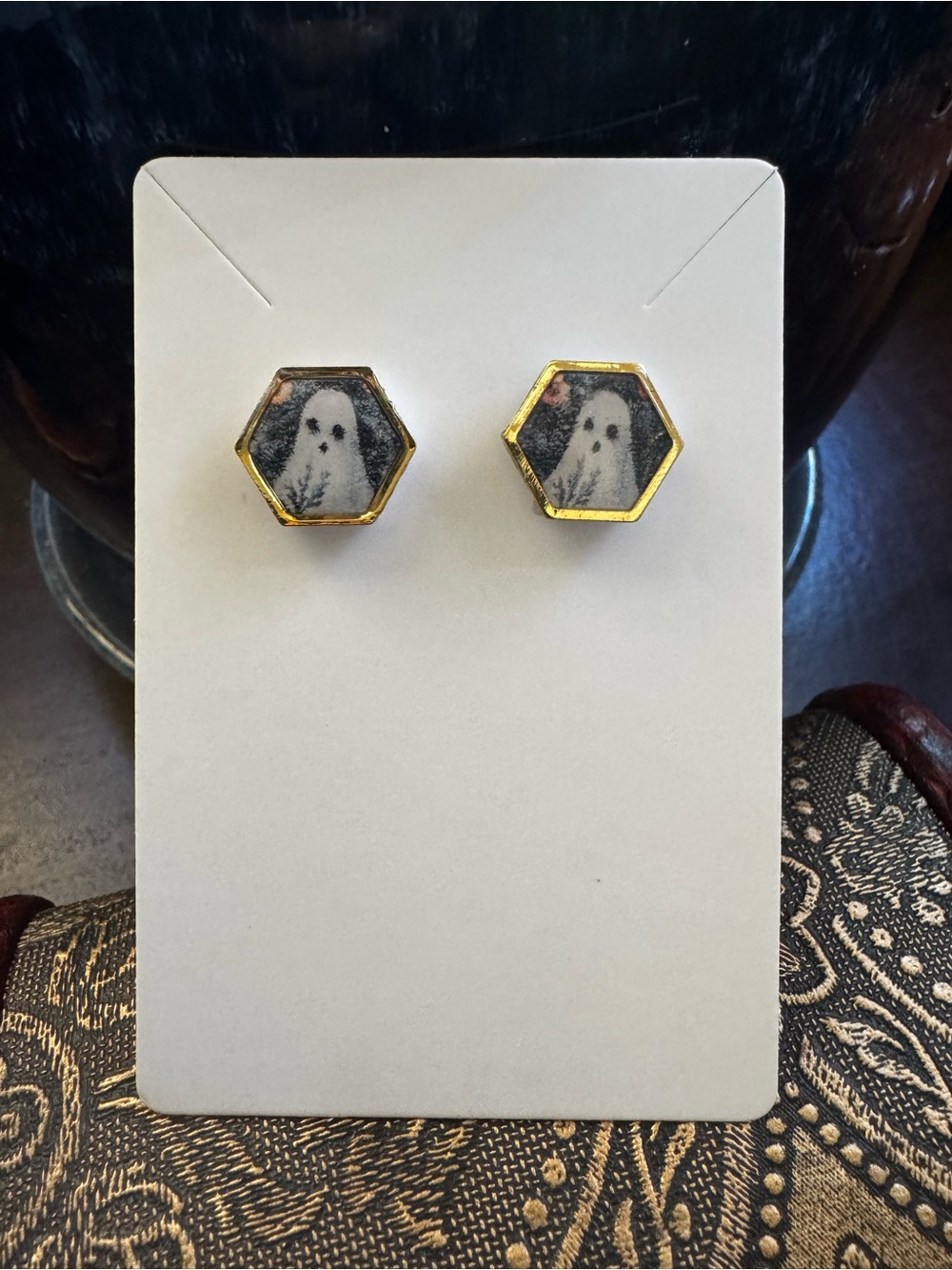 Handmade Gold Hexagon Stud Earrings with White Ghost Motif